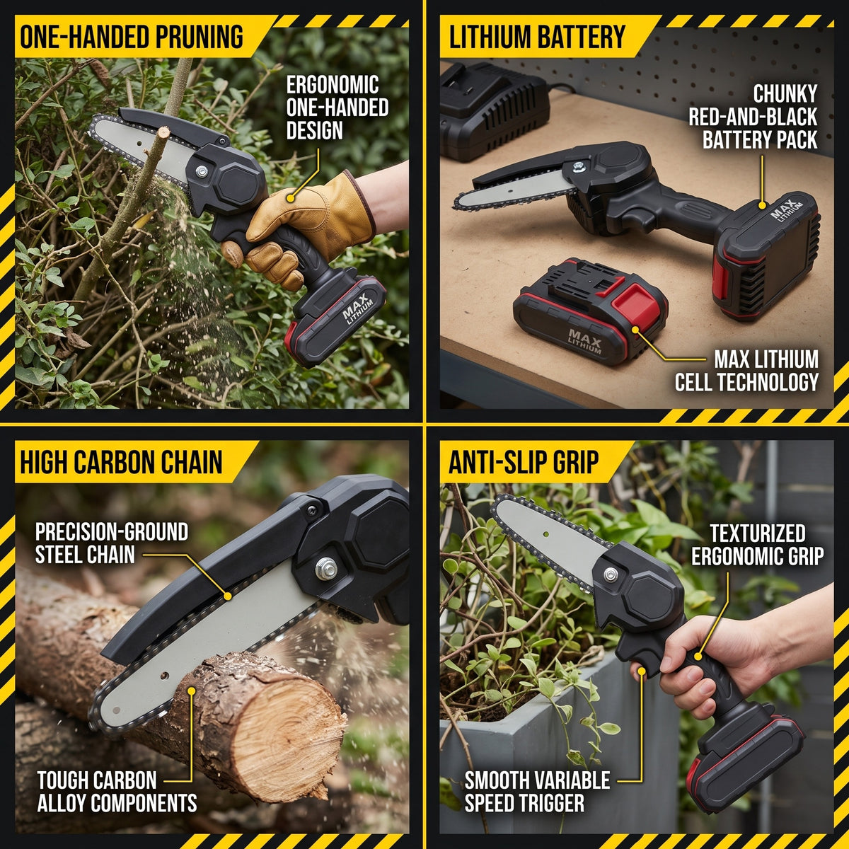 Mini cordless chainsaw cutting a log