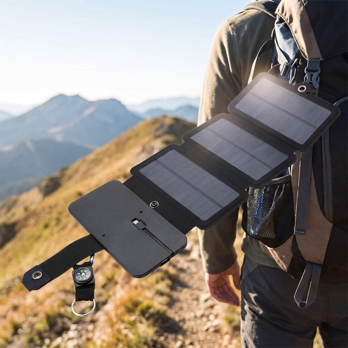 4 Panel Solar Charger hanging off a pack, panels catching the light