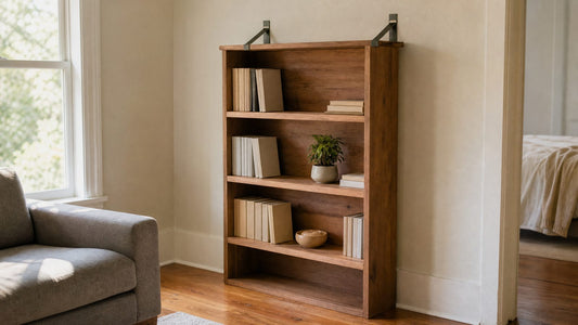 A tall wooden bookcase in a living room corner held to the wall with metal brackets at the top, with a few plain books and a small plant on the shelves beside a gray sofa