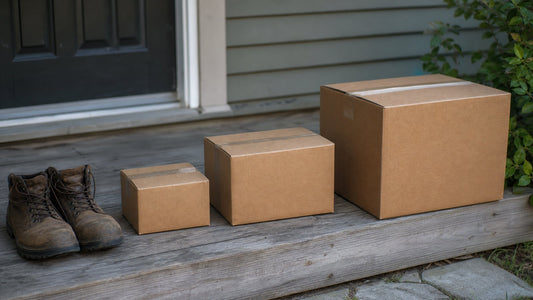 Three plain brown cardboard shipping boxes in small, medium and large sizes lined up on a wooden porch step beside a pair of work boots