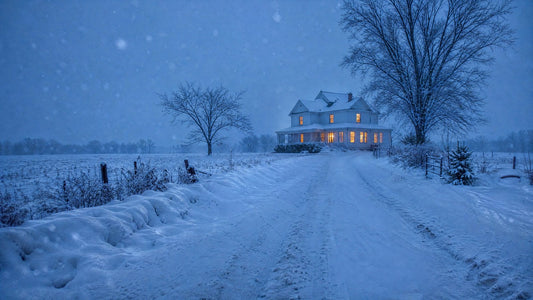 An isolated farmhouse with lit windows at twilight in heavy snowfall, with a long driveway drifted with deep snow