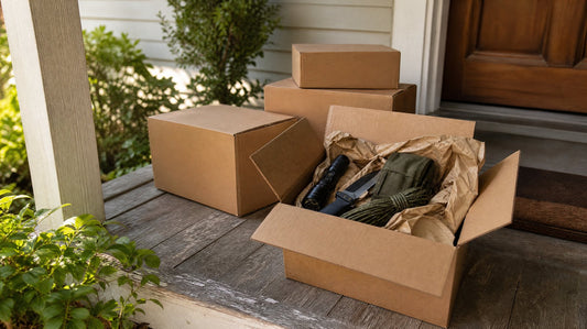 Several plain cardboard subscription boxes on a front porch, one opened to show a flashlight, knife, and paracord packed inside