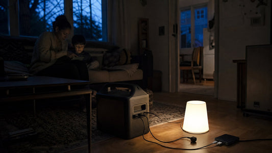 A dim living room at dusk during a power outage with a compact portable battery power station on the floor powering a small lamp and a phone