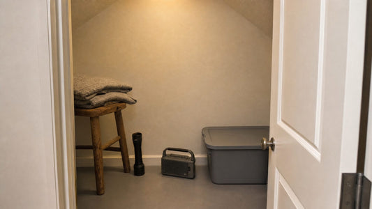 A small windowless interior closet space on the lowest floor with a wooden stool, folded gray blankets, a flashlight, a handheld weather radio and a plastic storage bin on the floor