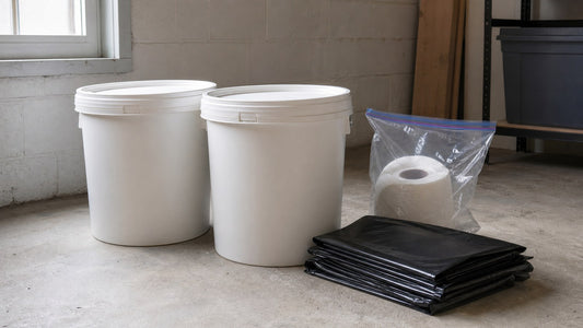 Two plain white five-gallon buckets with snap-on lids on a concrete floor beside a roll of toilet paper in a clear zip bag and a folded stack of heavy-duty black trash bags