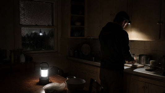 A person wearing a headlamp in a dark kitchen during a power outage, a battery lantern glowing on the table nearby