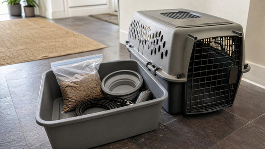 A gray plastic storage bin holding a bag of dry dog food, a collapsible bowl, a coiled leash and waste bags, beside a hard-shell pet carrier in a front hallway