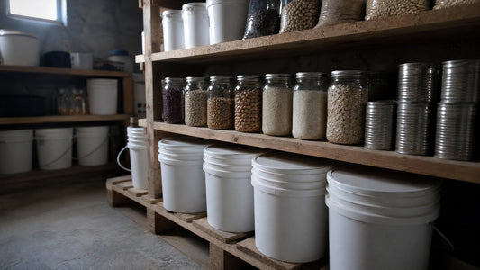 Basement pantry shelving holding sealed food-grade buckets, jars of dried staples and plain steel cans