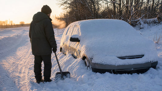 A person alone in winter clothing standing beside a car half-buried in snow on a quiet rural road, shovel in hand, early morning light