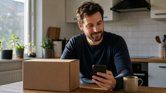 A man at a kitchen table in morning light looking at his phone, with a plain cardboard shipping box and a coffee mug beside him