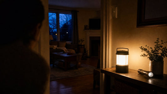 A dark home hallway lit by a battery-powered lantern on a console table, with a flashlight beside it and a living room visible through the doorway at dusk