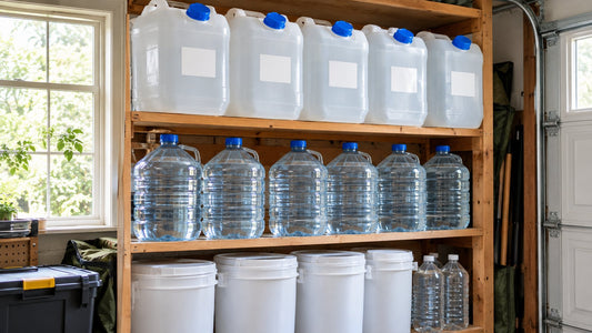 Rows of labeled food-grade water containers stacked on a garage shelf