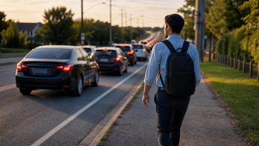 A person in business-casual clothing walking briskly along a suburban roadside past a line of stopped cars in a traffic jam