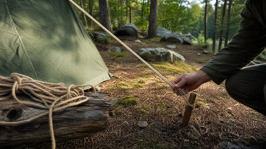 A hand adjusting a rope guyline pulled tight between a green tent and a wooden stake at a forest campsite, with a coil of plain rope on a log