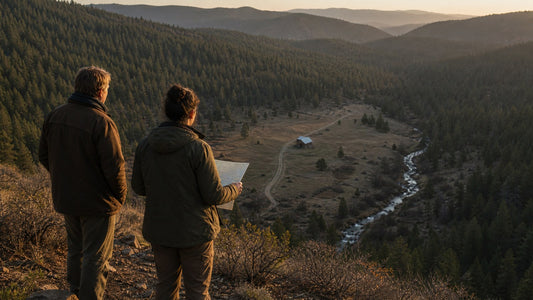 Two people on a ridge at golden hour looking down at a small cabin in a cleared valley meadow with a dirt track and creek