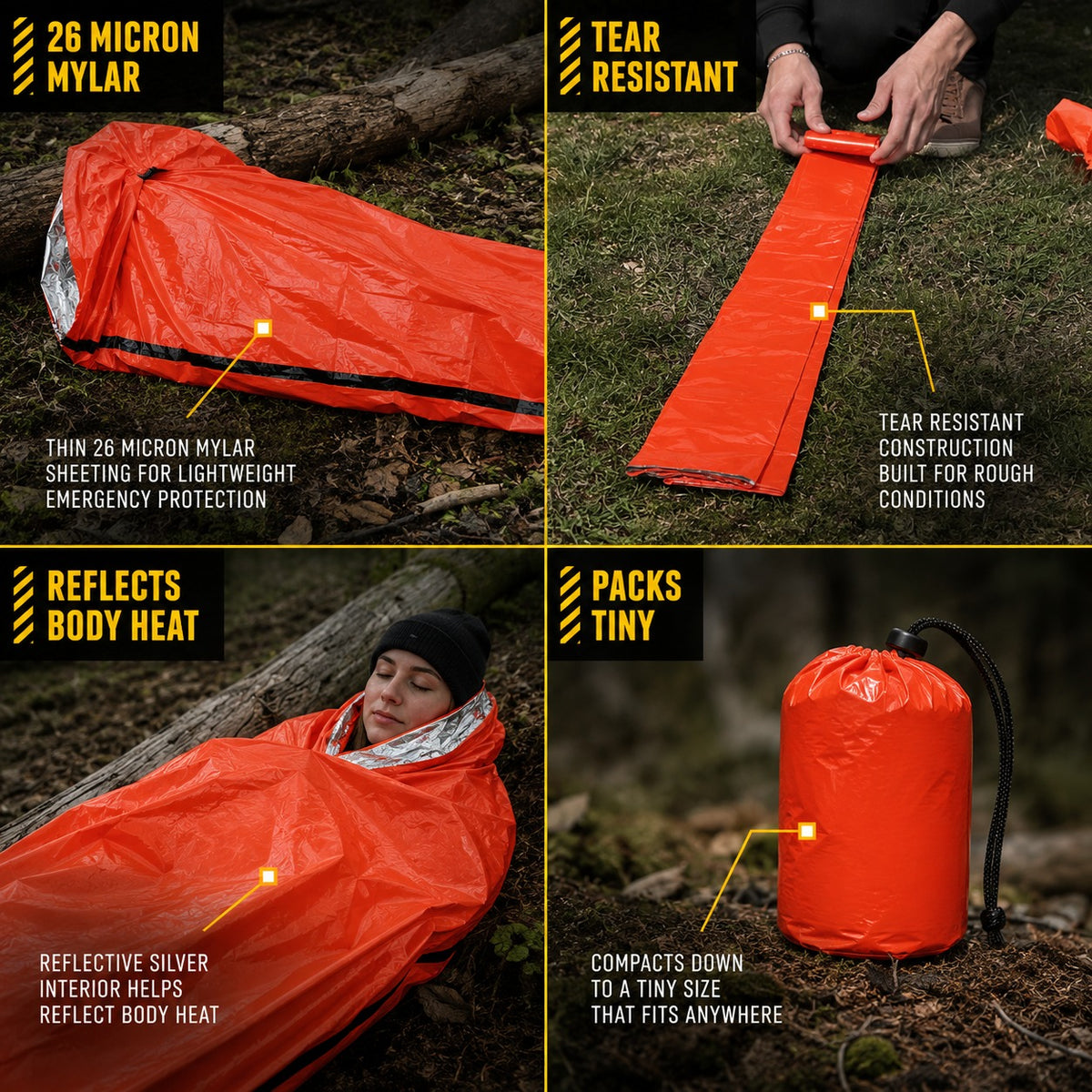 Emergency Sleeping Bag shown across four uses