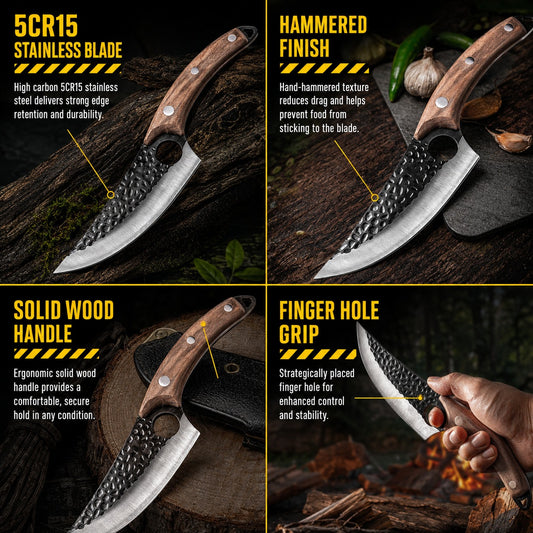 Hunting knife features: 5CR15 blade, hammered finish, wood handle, finger hole
