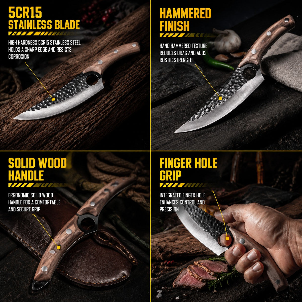 Hunting knife shown across four features