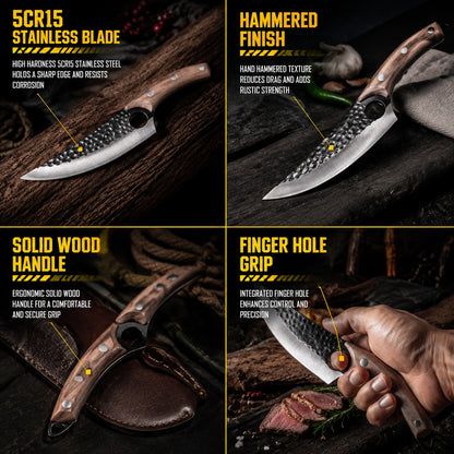 Hunting knife shown across four features