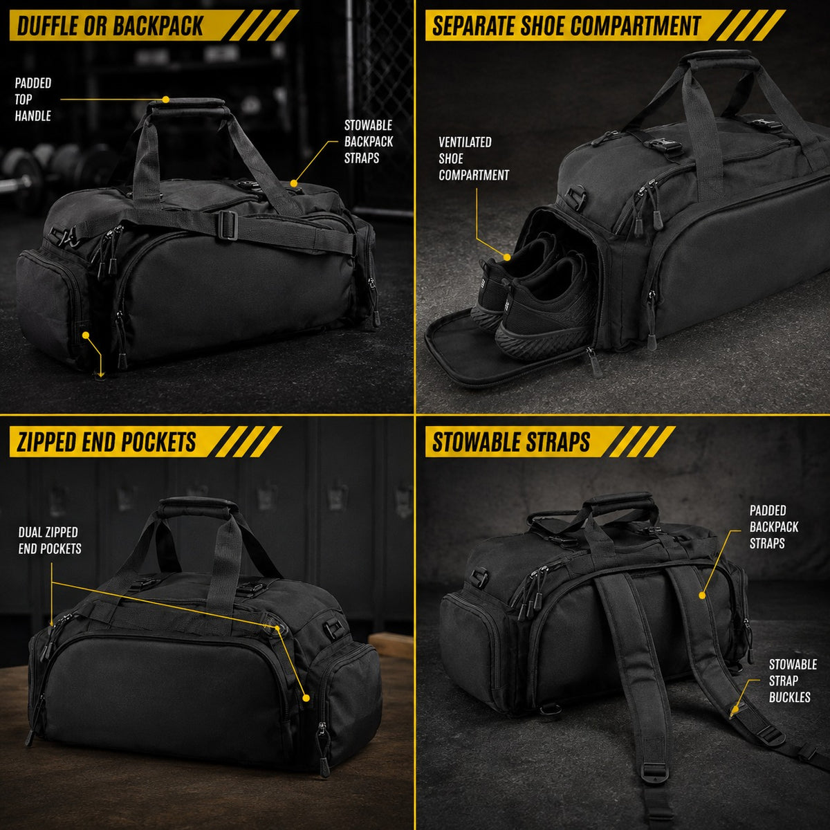 Hybrid duffle bag shown across four uses