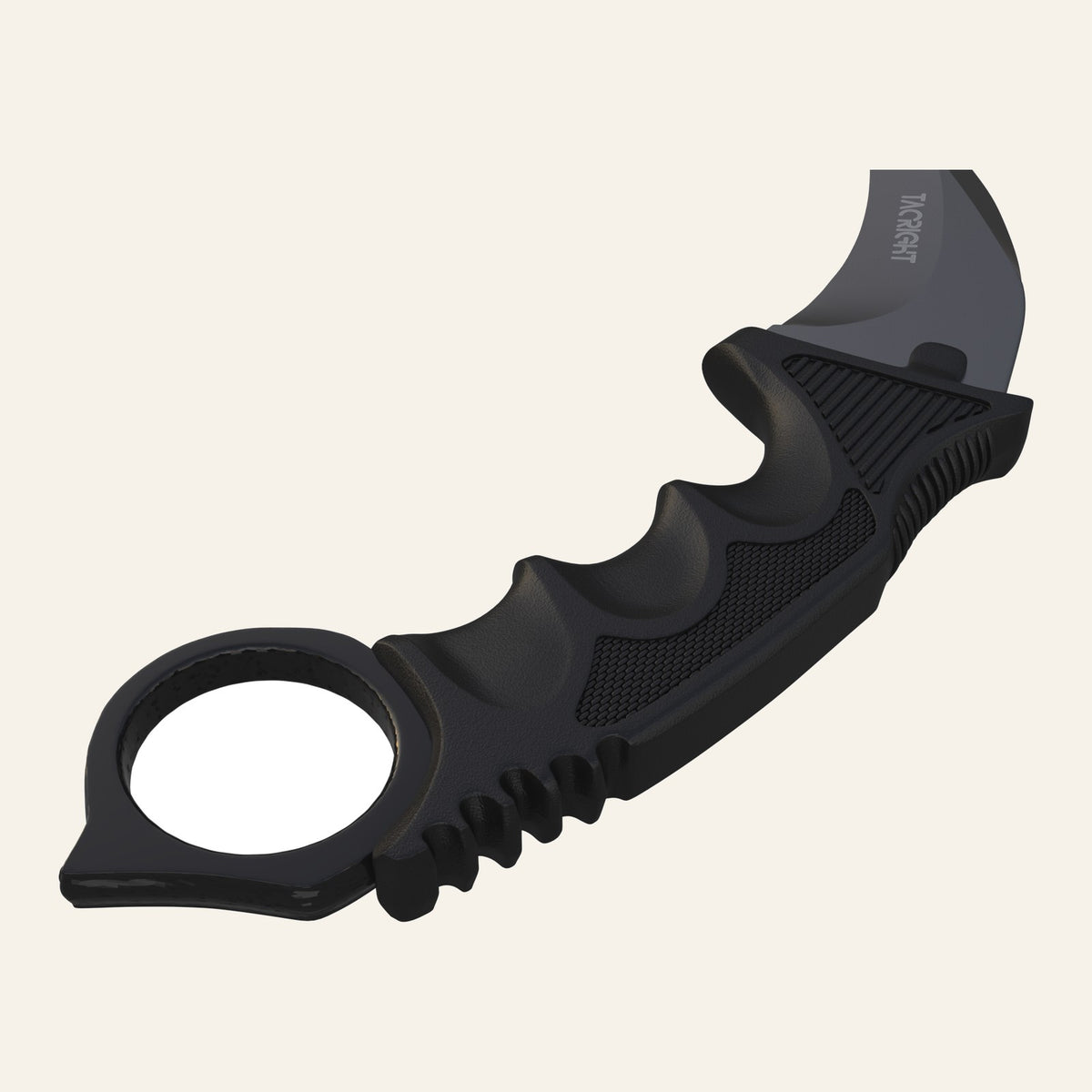Karambit knife showing the finger ring and textured handle