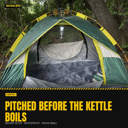 Quick Popup Tent pitched in woodland with the door open