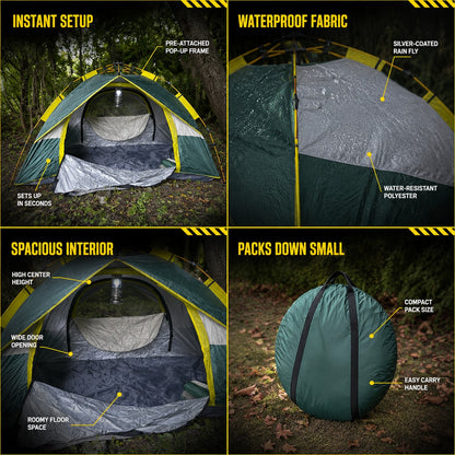Quick Popup Tent shown across four features