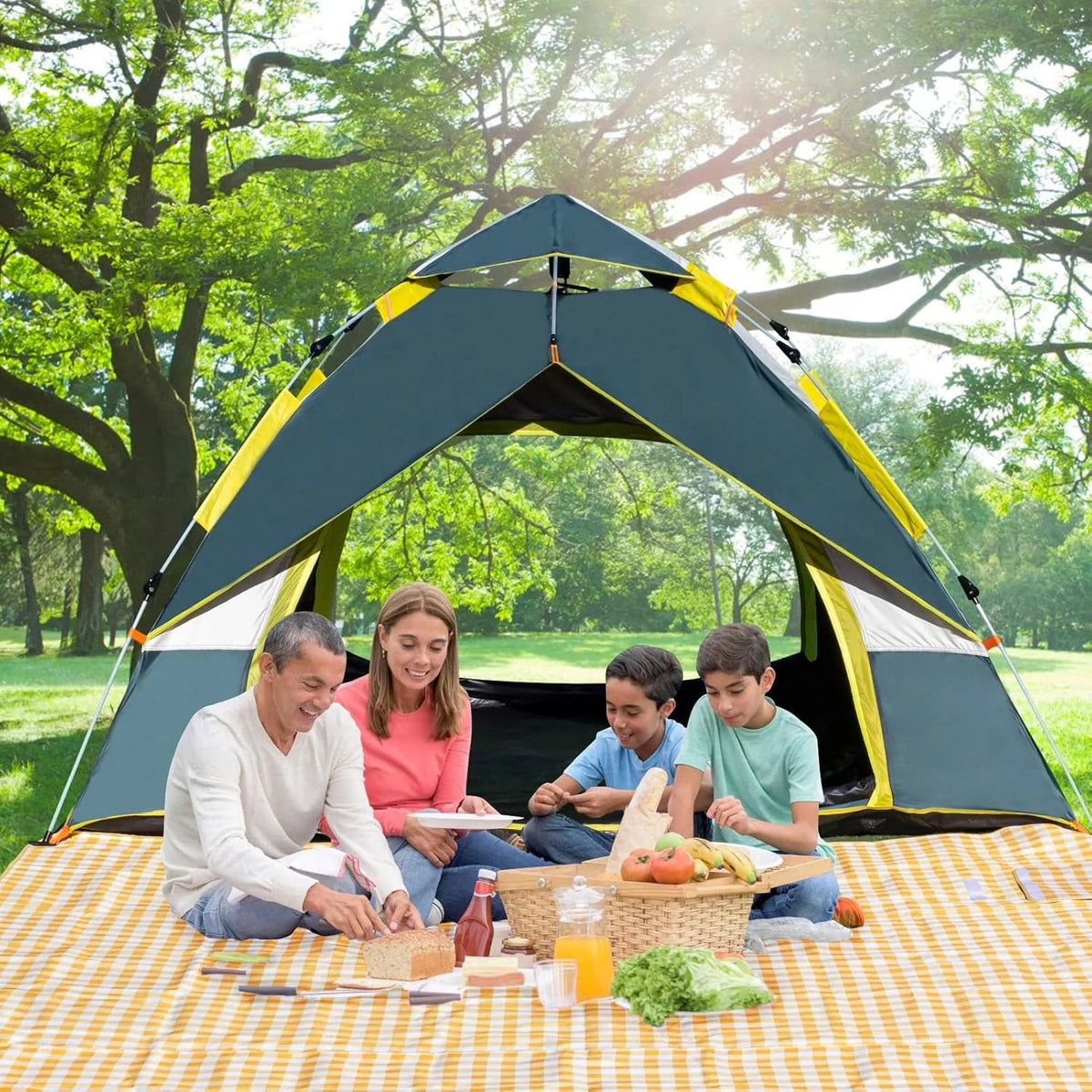 Quick Popup Tent with a family sitting outside it