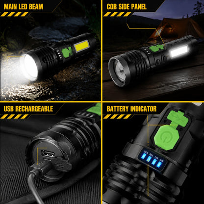 LED flashlight features: main beam, COB panel, USB charging, battery indicator
