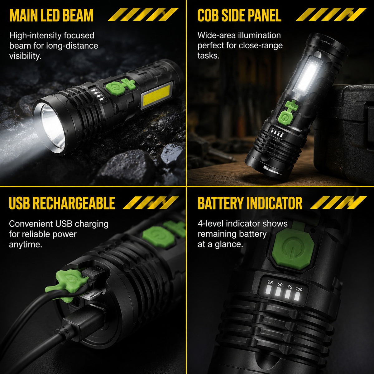 LED flashlight shown across four features