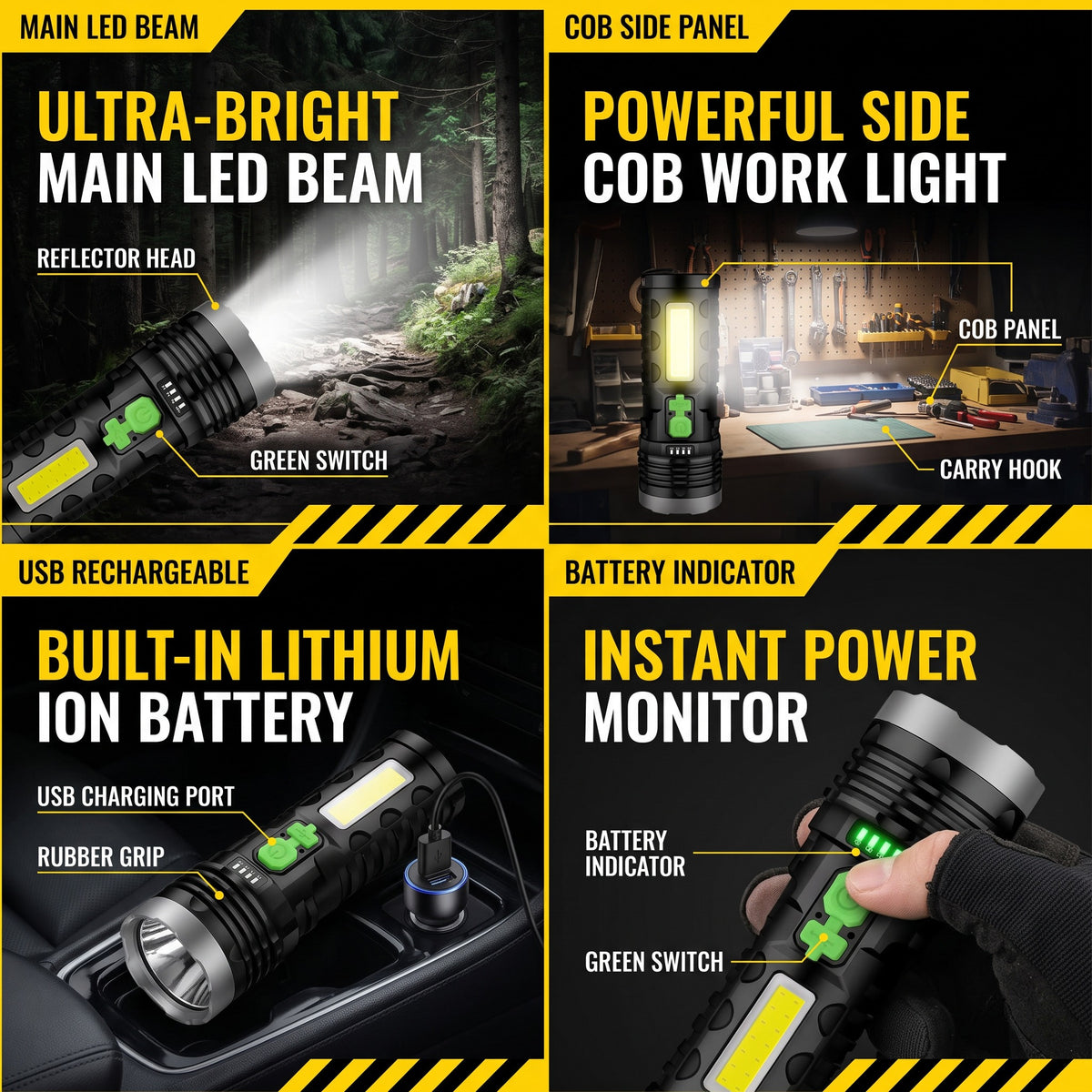 LED flashlight: ultra-bright main beam and COB work light