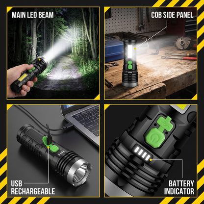 LED flashlight in use showing beam and work panel