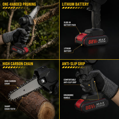 Mini cordless chainsaw features: one-handed pruning, lithium battery, high carbon chain, anti-slip grip
