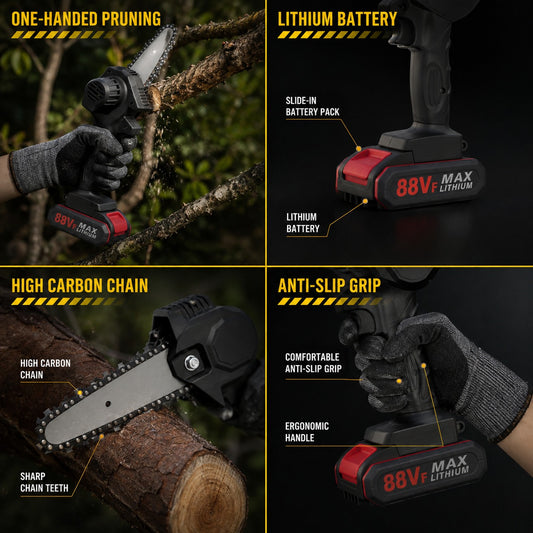 Mini cordless chainsaw features: one-handed pruning, lithium battery, high carbon chain, anti-slip grip