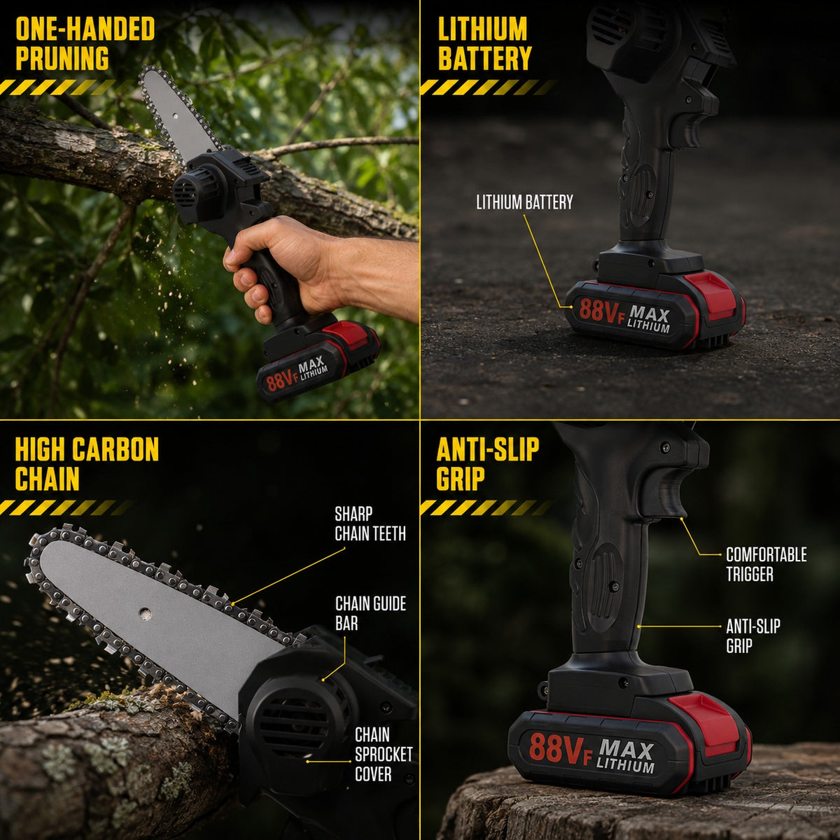 Mini cordless chainsaw shown across four features