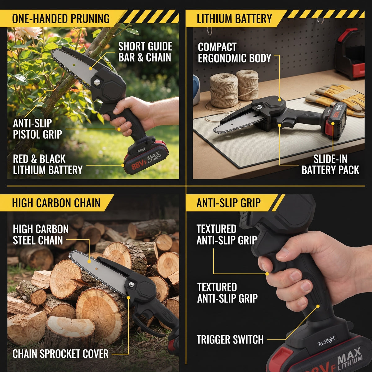 Mini cordless chainsaw with its lithium battery pack