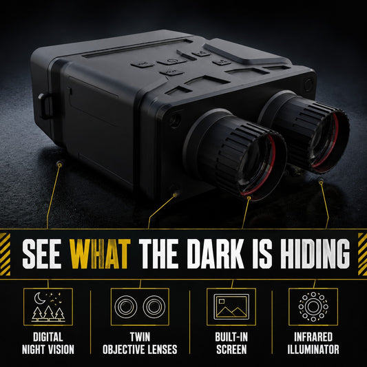 Digital night vision binoculars, features labelled