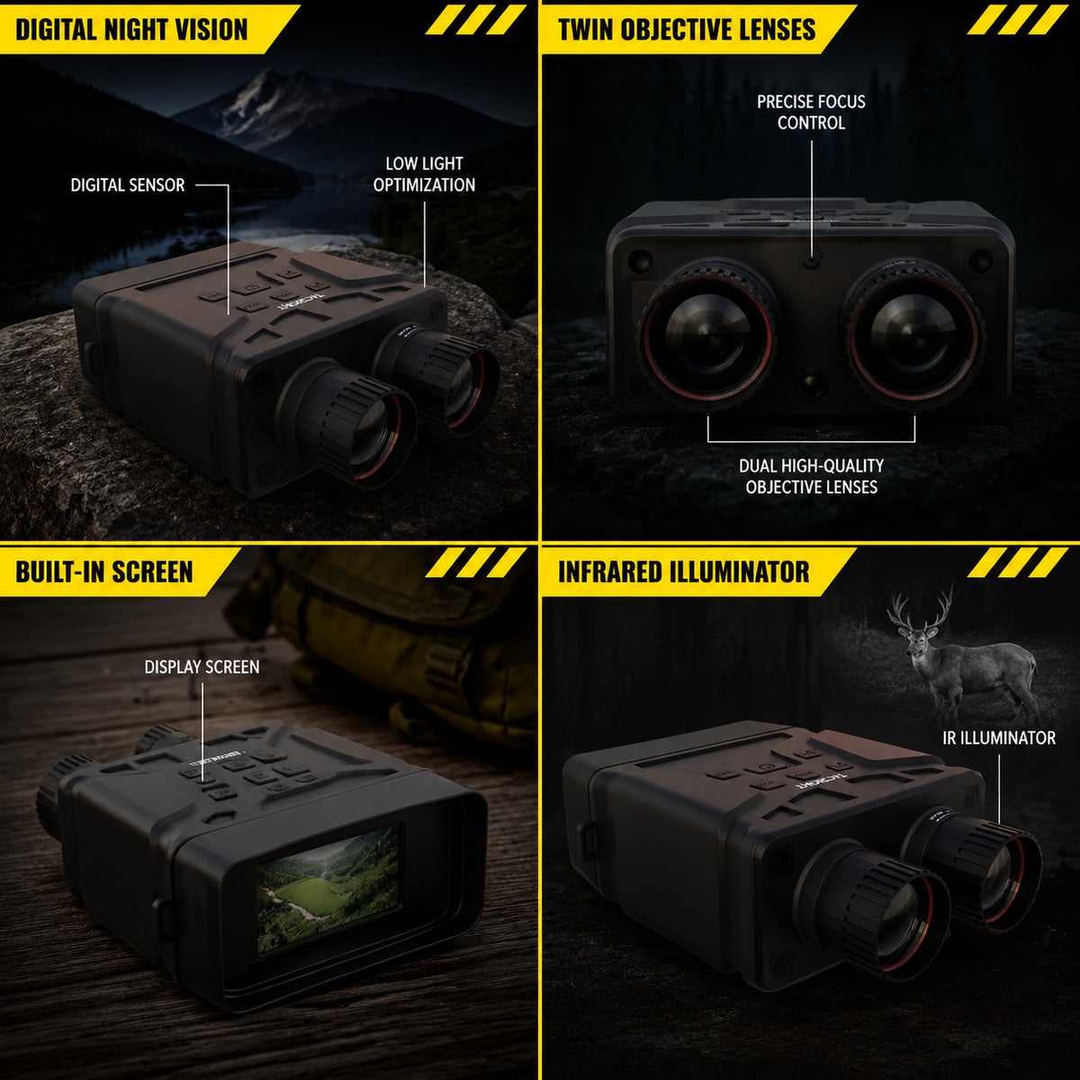 Night vision binoculars shown across four uses