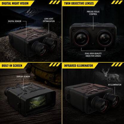 Night vision binoculars shown across four uses
