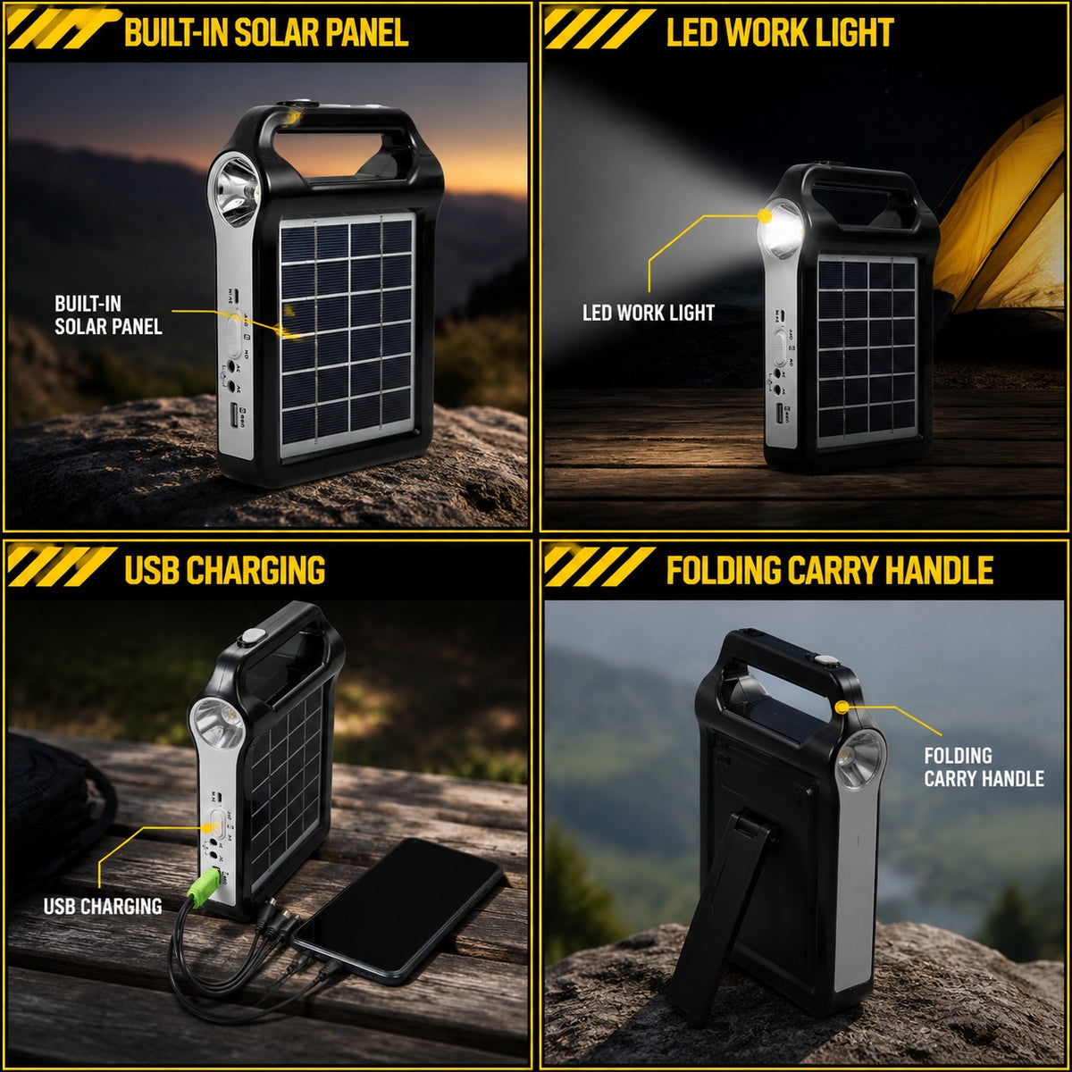Portable solar power station shown across four uses