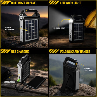 Portable solar power station shown across four uses