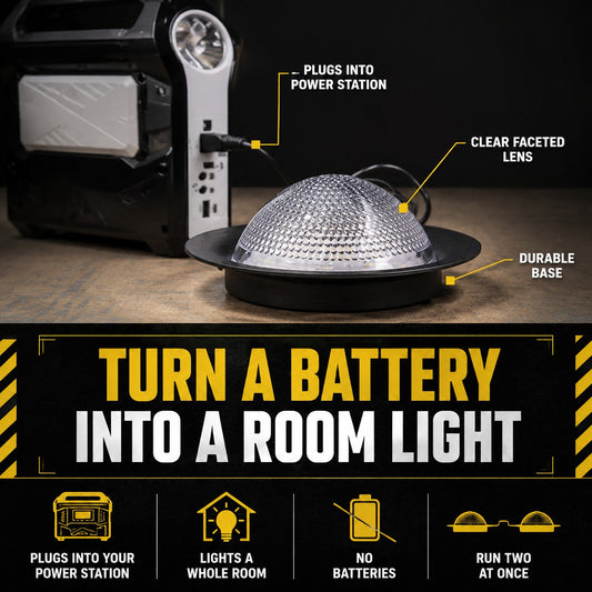 LED dome light plugged into a power station, features labelled