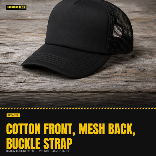 Black trucker cap on weathered wood, three-quarter front view, with the build details alongside