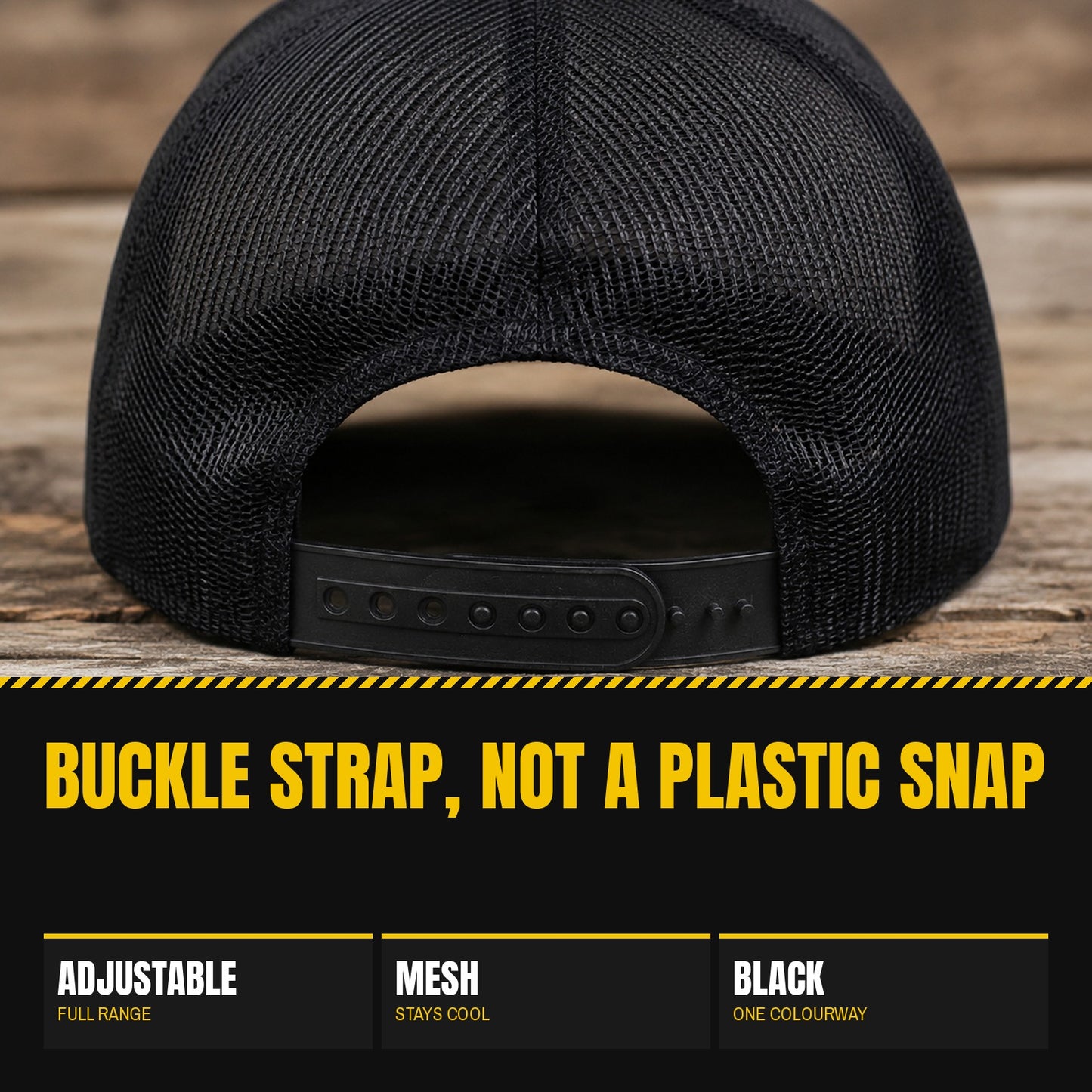 Rear view of the cap showing the mesh back panels and the adjustable buckle strap