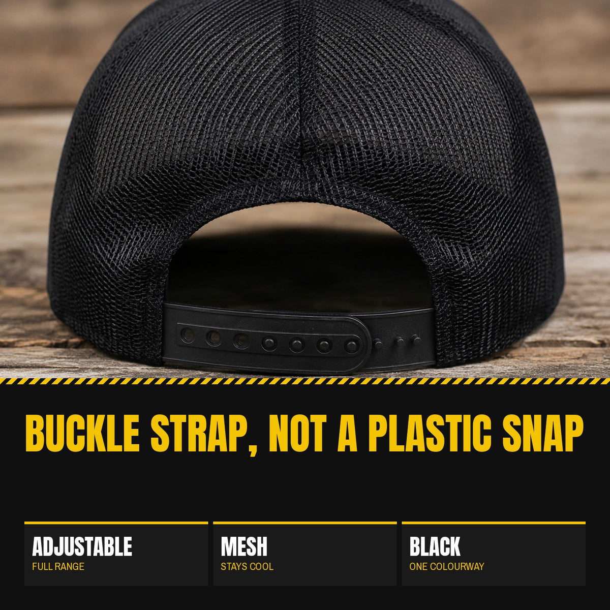 Rear view of the cap showing the mesh back panels and the adjustable buckle strap