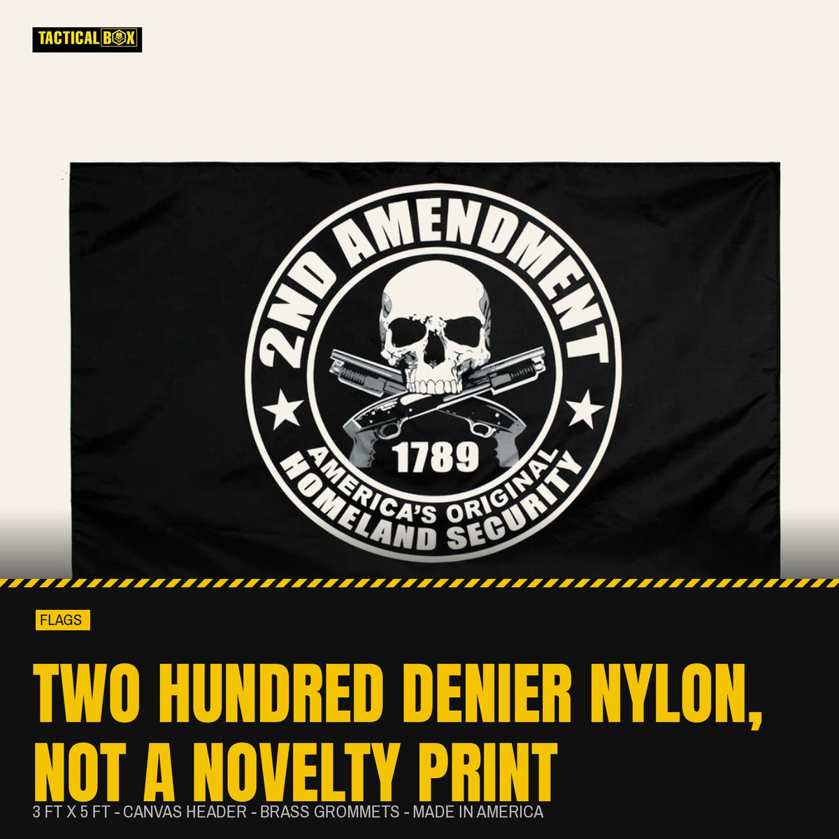 2nd Amendment Rights Flag laid flat showing the full white emblem on black, with the material details alongside