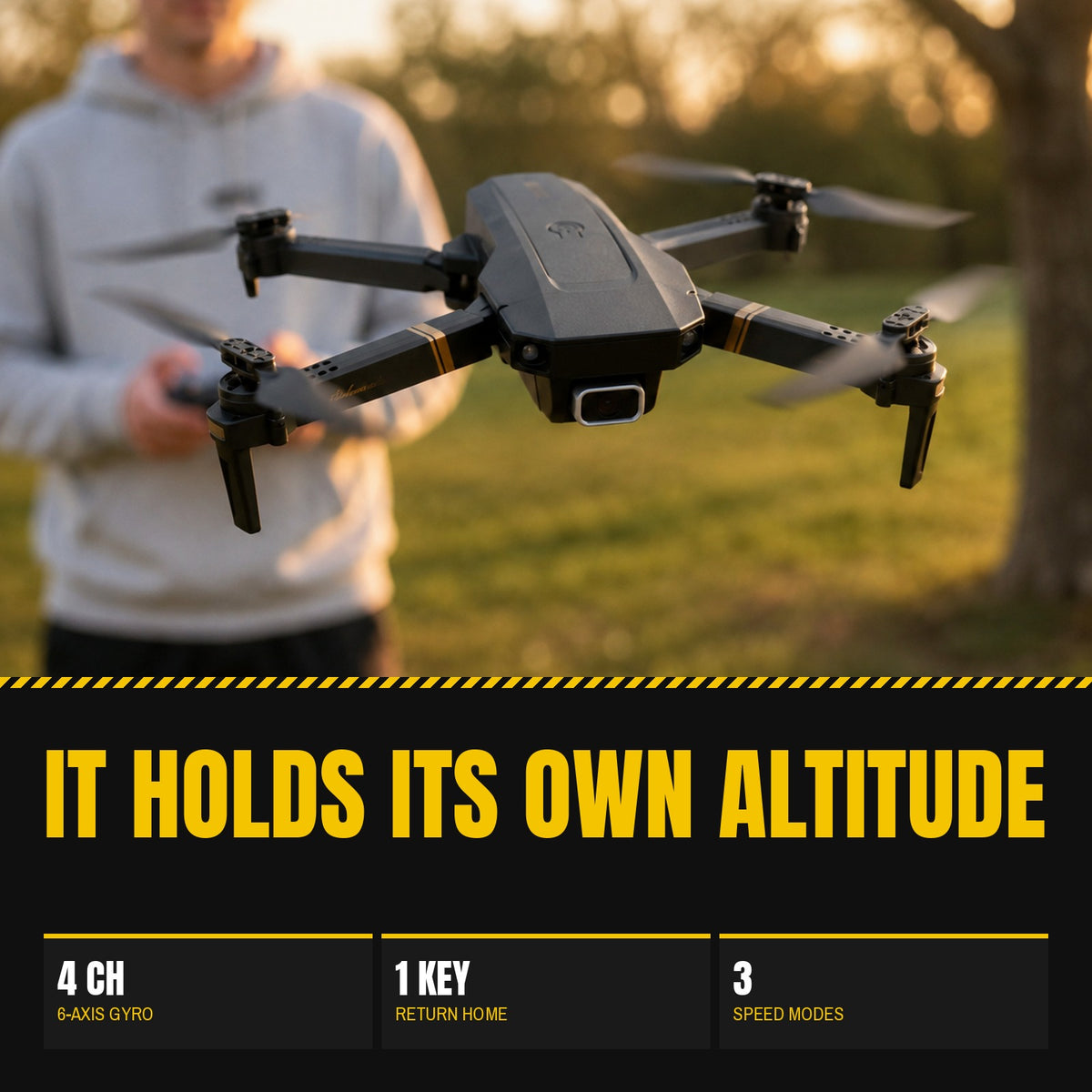 TacRight RC Drone hovering in a field with a pilot behind it, altitude-hold callouts alongside