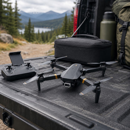 TacRight RC Drone, transmitter and carry case laid out on a truck tailgate
