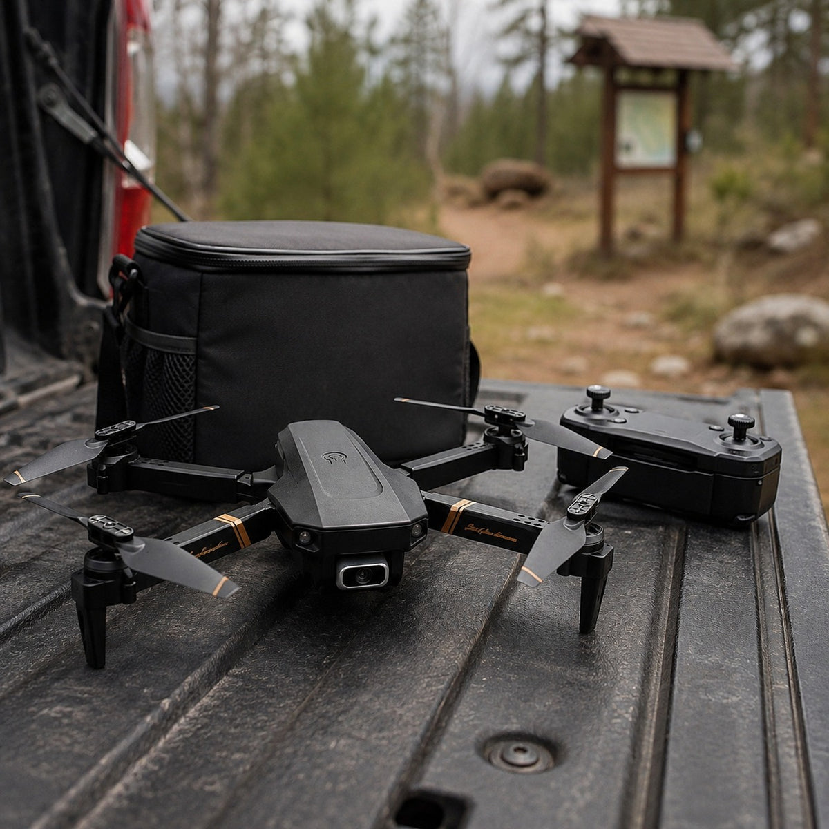 TacRight RC Drone with its carry case and controller at a trailhead
