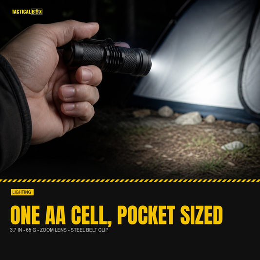 Evatac Flashlight held at a campsite after dark with the beam on the ground, spec figures alongside